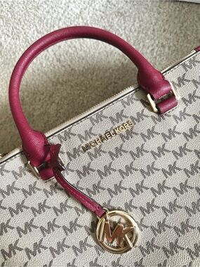 Michael Kors Beige MK Signature Tote with Red Trim and Handles